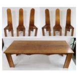A LARGE 20TH CENTURY PITCH PINE HANDCRAFTED DINING TABLE AND SIX ACCOMPANYING CHAIRS 75cm high x