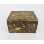 A JAPANESE GOLD LACQUERED BOX with shaped cover and base drawer,decorated with birds, butterflies