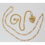 A 9ct gold figaro chain, length 41.5cm, and a 9ct gold snake chain, length 40cm, and heart shaped