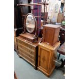 A 20th century mahogany four drawer chest, two drawer dressing mirror, towel rail, single door