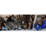 Assorted crystal, a blue mirror glass witches ball, a pottery tureen, cover on stand and other items