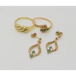 A 14k gold ring, size Q1/2, weight 1.5gms, a pair od 9ct gold emerald and cz set earrings with a