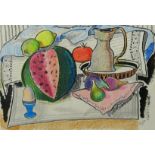 WILLIAM CROSBIE RSA RGI (1915-1999) WATERMELON AND FIGS  Ink/pastel, signed lower right, 28 x