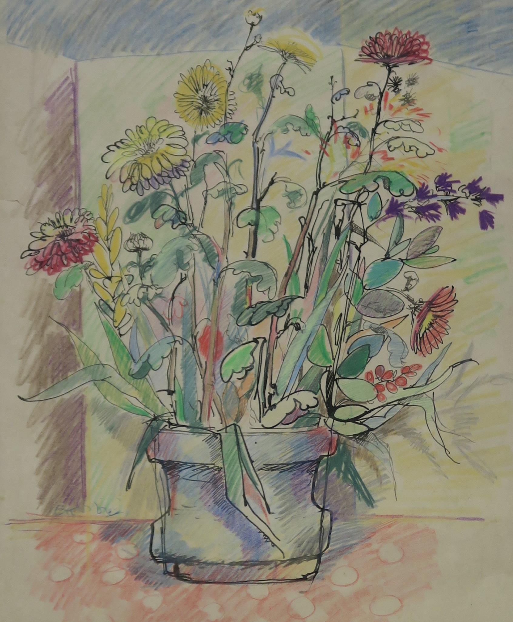 WILLIAM CROSBIE RSA RGI (1915-1999) STILL LIFE, FLOWERS IN POT  Ink/pencil, signed lower left, 51