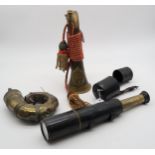 An Argyle and Sutherland Highlanders bugle, a middle eastern brass powder flask and a WW1 spotter'