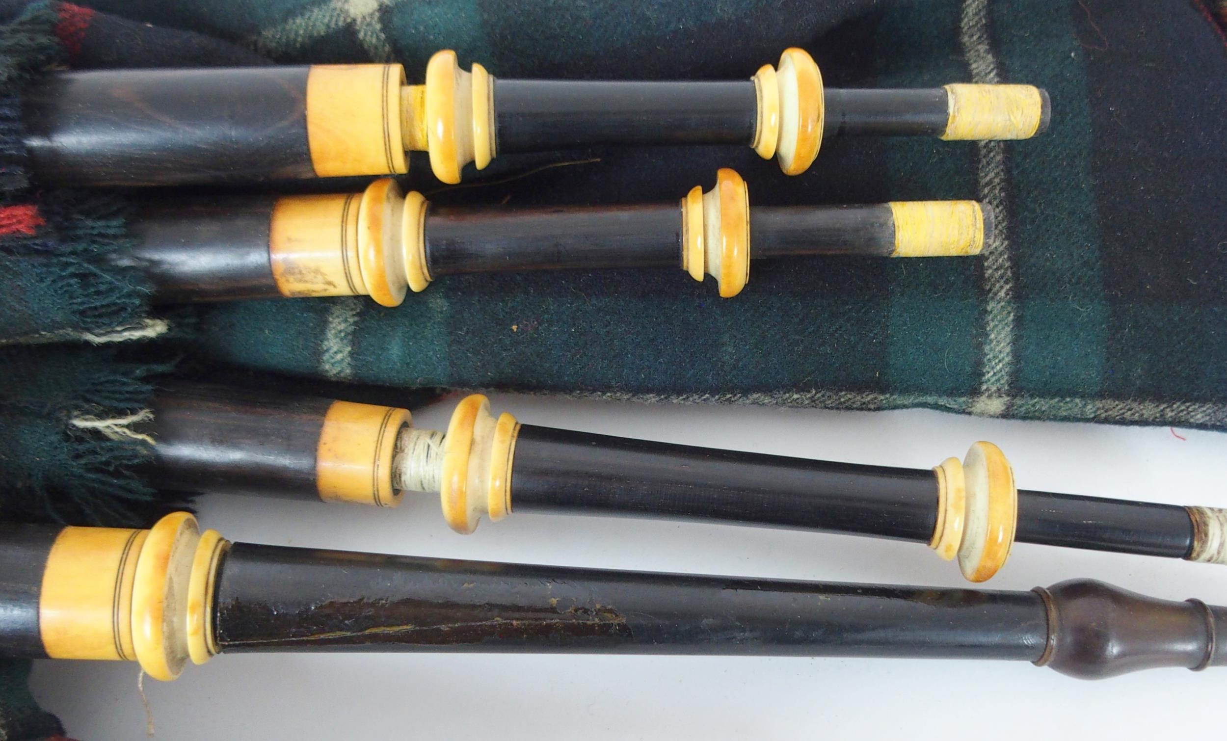 A set of Victorian David Glen Edinburgh miniature Scottish bagpipes ivory mounted, with a chanter - Image 7 of 9