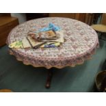 A Victorian mahogany circular tilt top breakfast table on tripod base with fitted Indian table