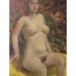 WILLIAM CROSBIE RSA RGI (1915-1999) NUDE FIGURE ON YELLOW DRAPE WITH LEAFY BACKGROUND  Oil on board,