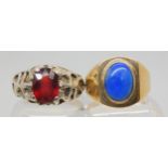 A 10k gold gents ring set with a blue opaque gem, size V1/2 weight 6.2gms, together with a retro