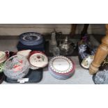 Assorted blue and white plates, crystal bowls and decanter, EPNS tea and coffee pot etc Condition