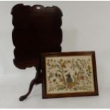 A Victorian mahogany tilt top table with turned tripod base and a framed tapestry (2) Condition