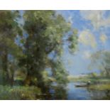 WILLIAM MILLER FRAZER Punting beneath trees, signed, oil on canvas, 50 x 60cm Condition Report: