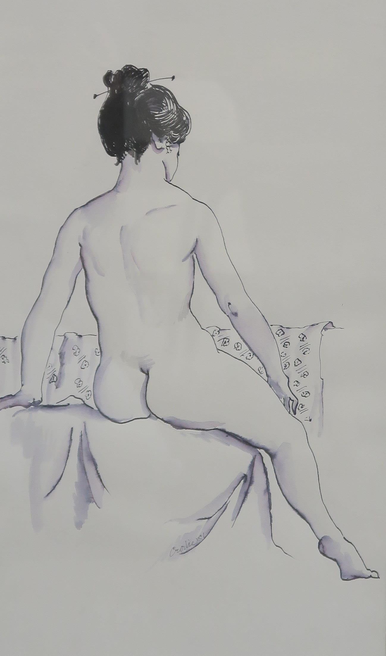 WILLIAM CROSBIE RSA RGI (1915-1999) SEATED NUDE WITH JAPANESE PIN  Ink and wash, signed lower right,