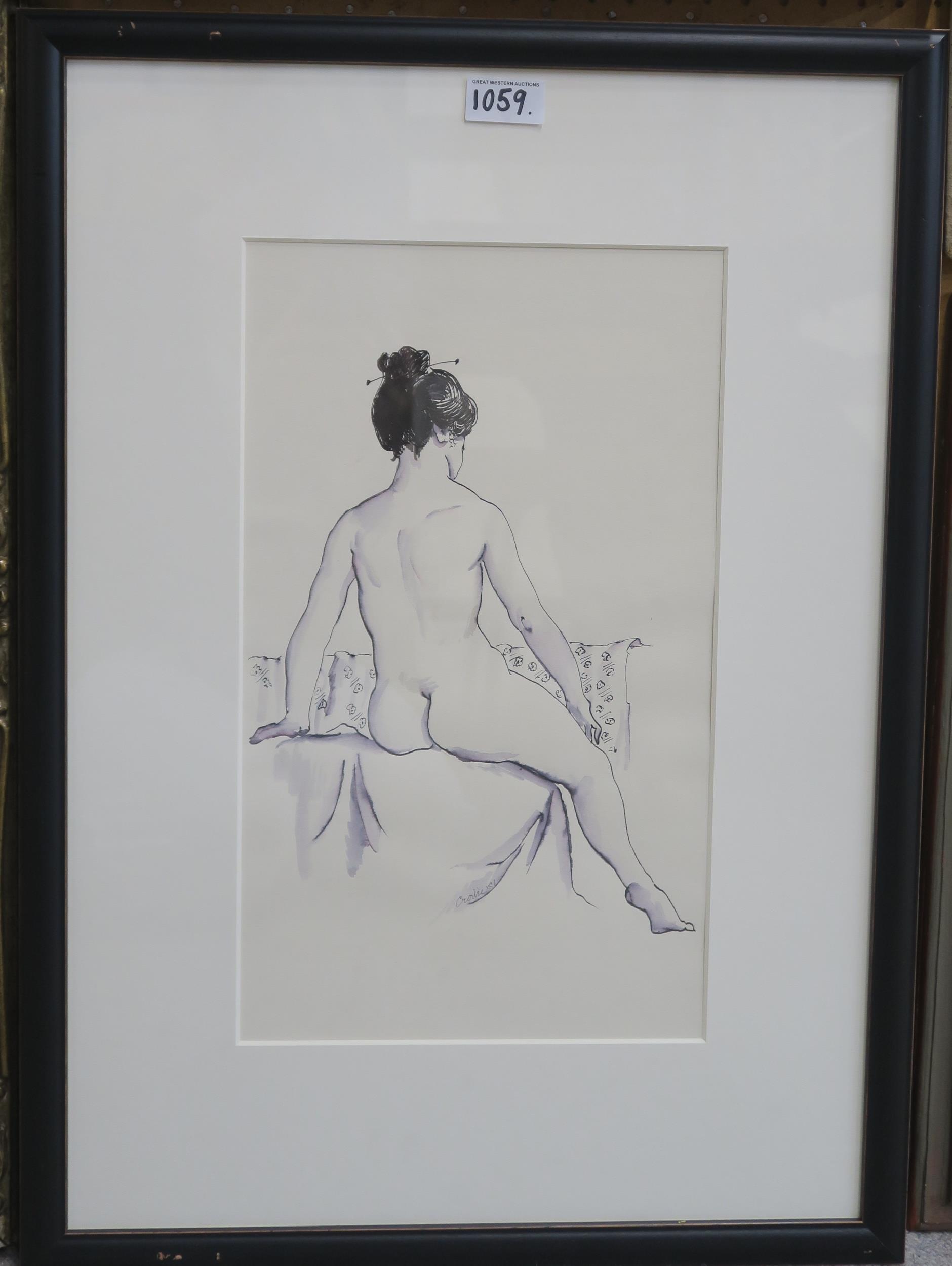 WILLIAM CROSBIE RSA RGI (1915-1999) SEATED NUDE WITH JAPANESE PIN  Ink and wash, signed lower right, - Image 2 of 2