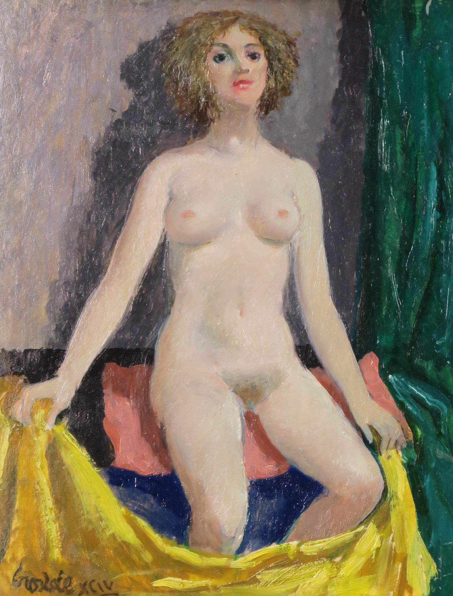WILLIAM CROSBIE RSA RGI (1915-1999) WOMAN SEATED ON PINK PILLOW  Oil on board, signed lower left, 24