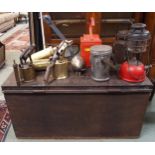 A mixed lot to include tilley lamp, three assorted signal lamps, vehicle head lamp, two brass