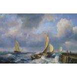 20TH CENTURY SCHOOL Fishing boats on a rough sea, oil on canvas, 60 x 90cm Condition Report: