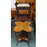 A 20th century oak two tier shaped top lamp table, mahogany two tier window table and a mahogany