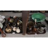 Assorted ornaments, pewter, copper, green glass bowl etc Condition Report:Not available for this