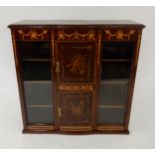A late Victorian mahogany and satinwood cabinet with two central cabinet doors painted with