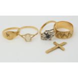 Three 9ct gold rings, a wedding ring, size L1/2, signet ring, size I1/2 gem cluster (af) with a