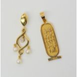 An 18ct gold diamond and pearl pendant, length 3.5cm, together with an Arabic gold Egyptian