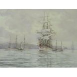 FRANK KELSEY Frigates at anchor, signed, oil on canvas, 50 x 65cm Condition Report:Available upon