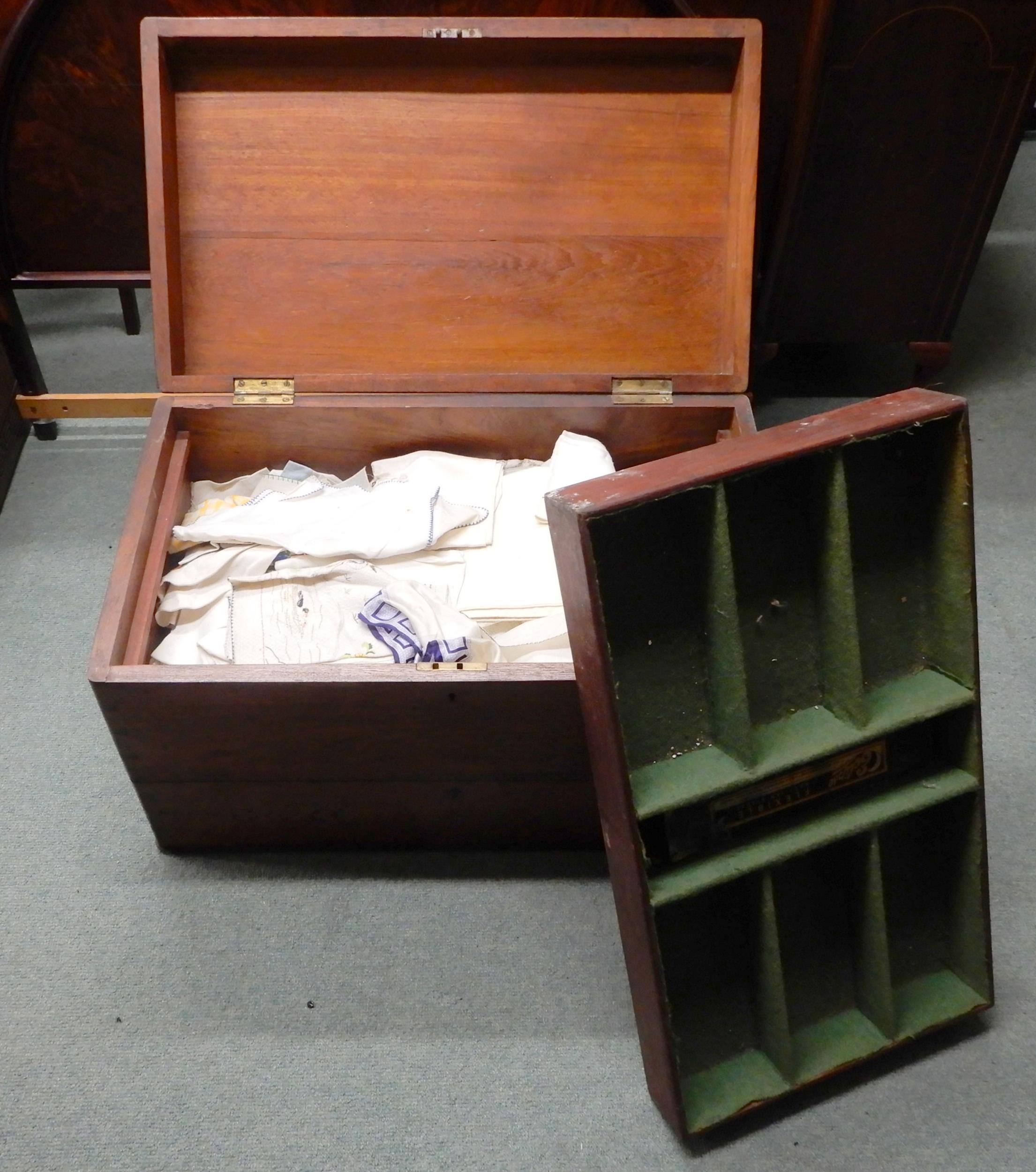 A Victorian oak silver chest converted into a blanket chest with assorted linens Condition Report: - Image 2 of 2