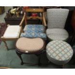 A 20th century upholsters bedroom chair, three assorted upholstered footstools and an open