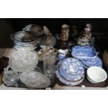 Assorted blue and white plates etc including Spode, glass finger bowls, etched glass jug etc