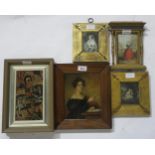 BRITISH SCHOOL Portrait of a lady with pen, oil on panel, 20 x 16cm, three portrait prints and an