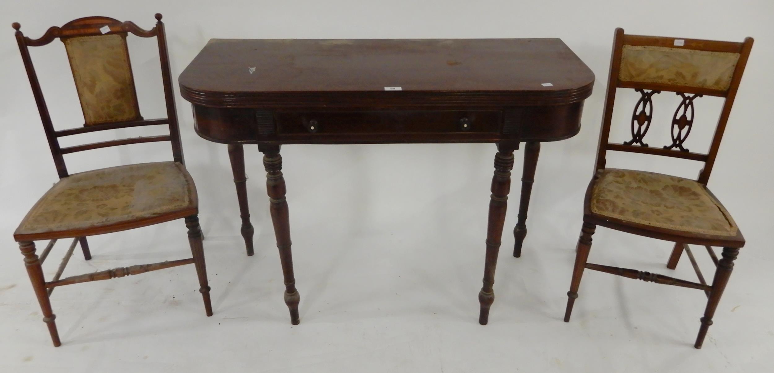 A Victorian mahogany fold over single drawer tea table on turned supports and two Victorian - Image 2 of 2