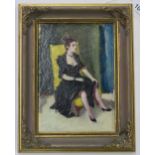 WILLIAM CROSBIE RSA RGI (1915-1999) WOMAN IN A YELLOW CHAIR  Oil on board, 16 x 11cm  Title