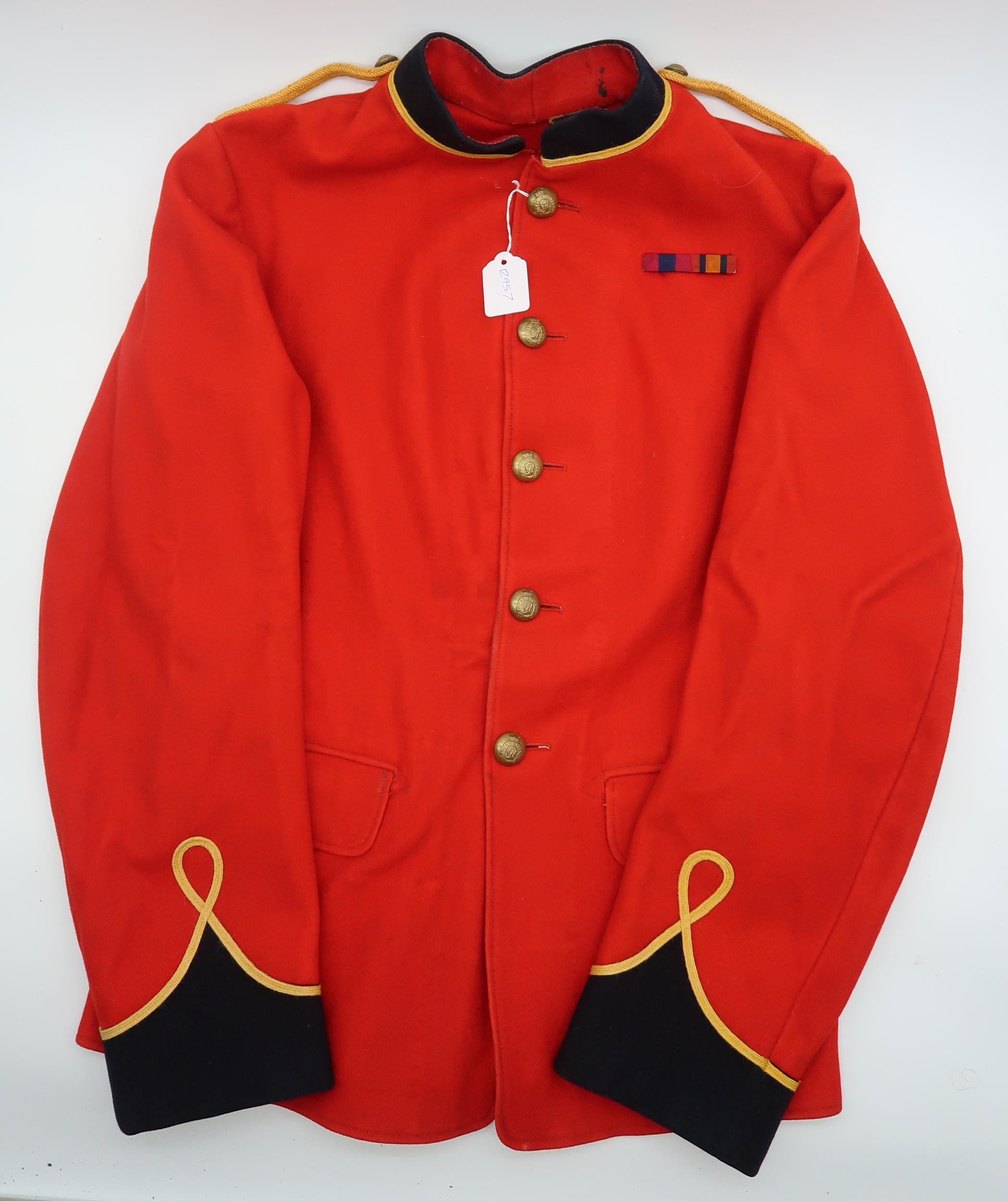 A Royal Engineers scarlet Melton wool tunic, possibly late-Victorian, with ribbons for the Queen's