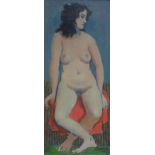 WILLIAM CROSBIE RSA RGI (1915-1999) SEATED NUDE ON RED DRAPE AND GREEN STRIPED CLOTH  Oil on