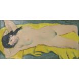 WILLIAM CROSBIE RSA RGI (1915-1999) NUDE ON YELLOW CLOTH  Oil on board, signed upper left, 25 x 50cm
