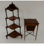 A Victorian walnut four tier barley twist corner whatnot and a mahogany sewing table (2) Condition