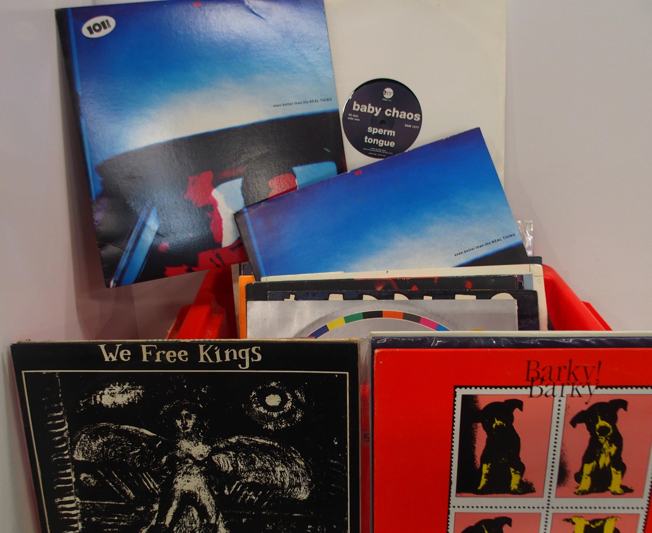 A collection of EP vinyl records with rare copies to include Kerosene, Wee Free Kings, Gary Numan,