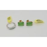 A pair of 9ct gold Chinese green hardstone earrings with diamond accents set to the claws, weight