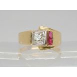 A 14k gold diamond and synthetic ruby ring, set with an estimated approx 0.20cts, size U1/2,