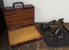 A 20th century stained pine tool case with five internal drawers with assorted contents, Stanley