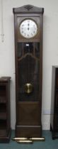 A 20th century stained oak cased longcase clock with brushed steel face over glazed door, 213cm high