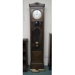 A 20th century stained oak cased longcase clock with brushed steel face over glazed door, 213cm high