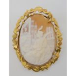 A shell cameo in the European taste in a yellow metal brooch mount, dimensions 6cm x 4.5cm, weight