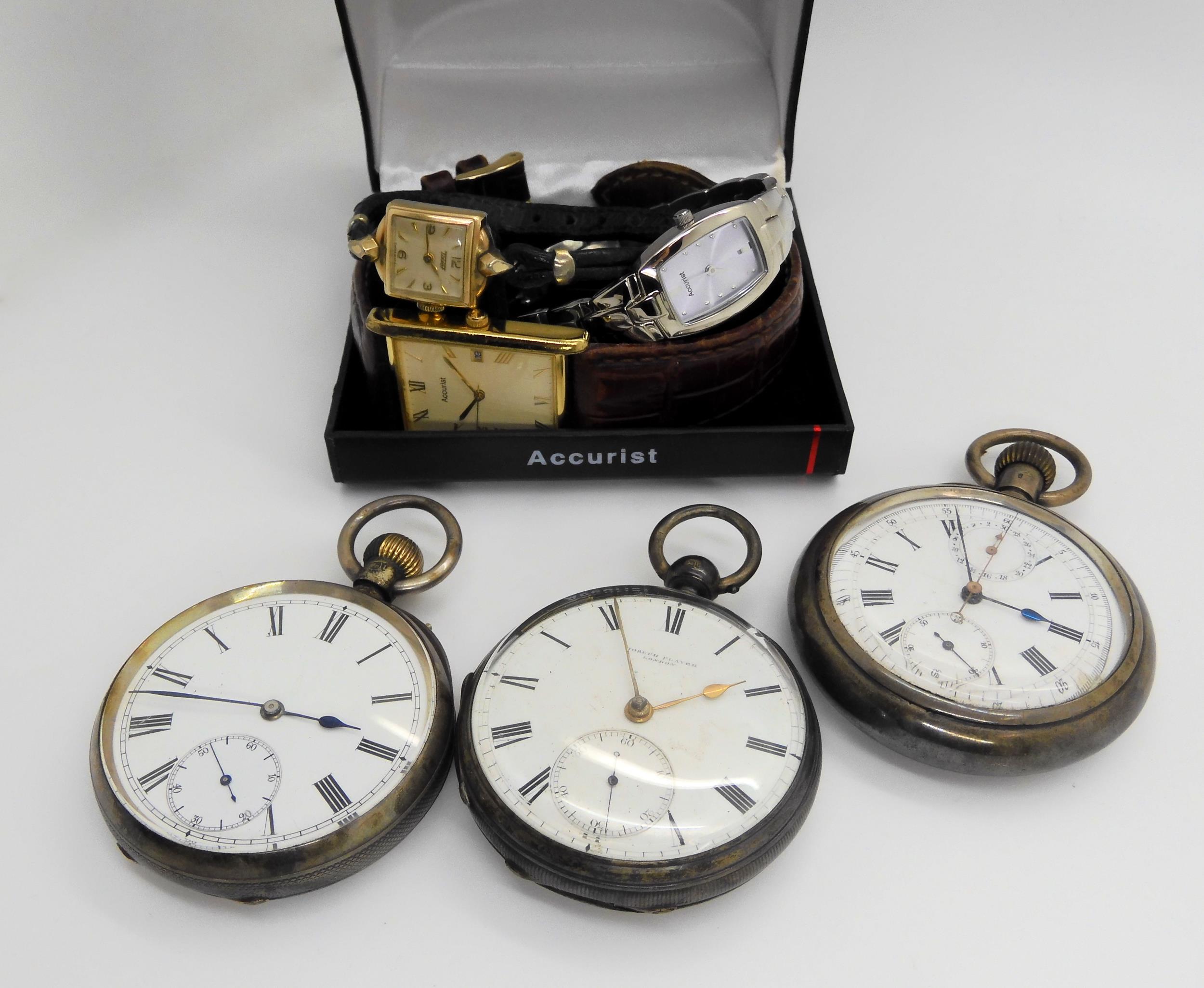 Three silver pocket watches and three wristwatches, to include an unusual continental silver