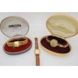 A 9ct gold ladies vintage watch and strap, diameter of trhe case 2.5cm, weight 24.87gms, a gold