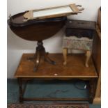 A 20th century oak coffee table, mahogany drop leaf table, upholstered sewing stools, carved oak