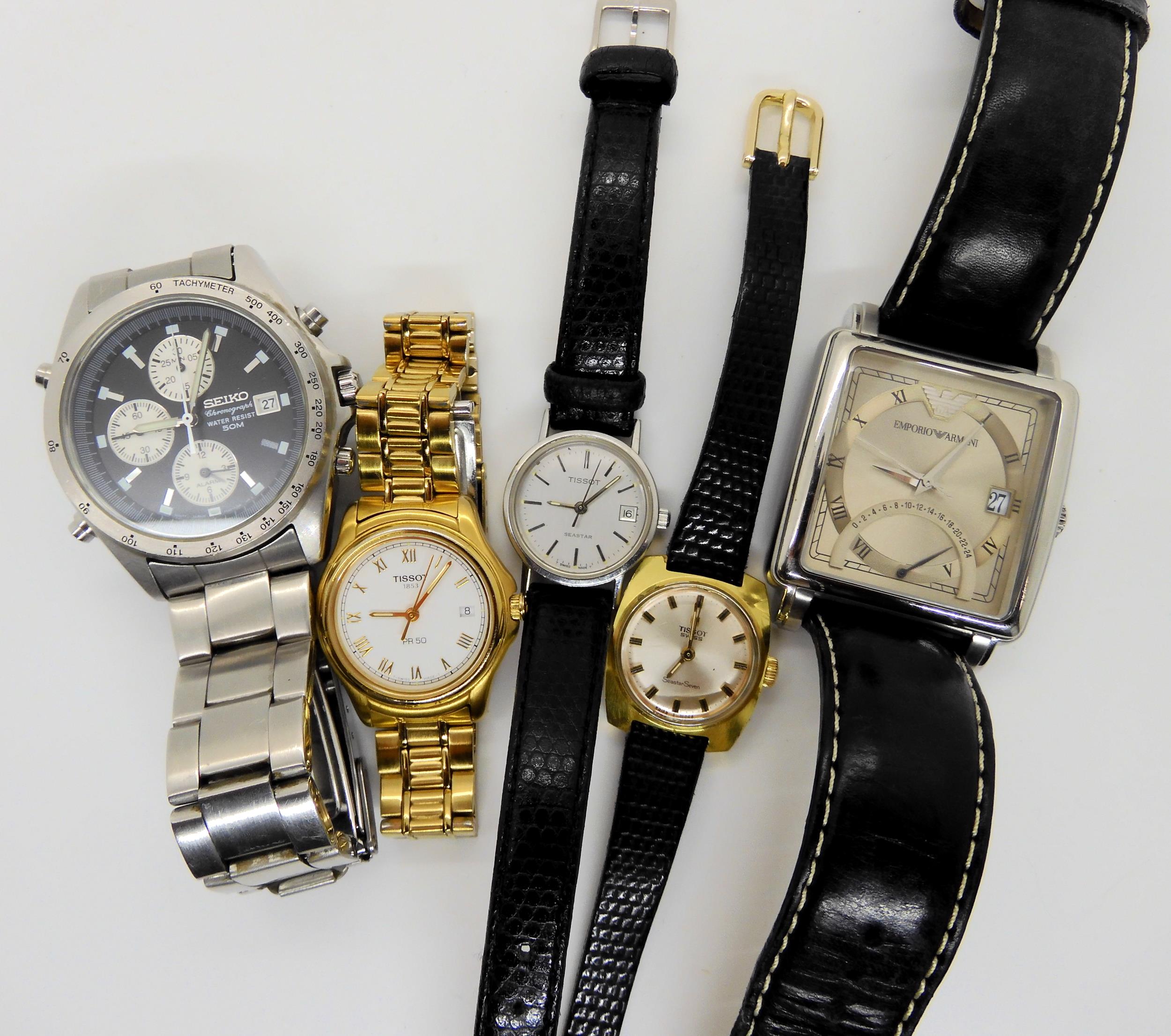 Three ladies tissot watches to include Seastar 7, Seastar, PR50, a Gents Emporio Armani watch and