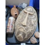 A large wooden African mask, a head moulded vessel, metal figures etc Condition Report:Available