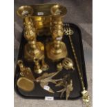 A pair of king of Diamond brass candlesticks, a brass apprentice chest decoarted with thistles and